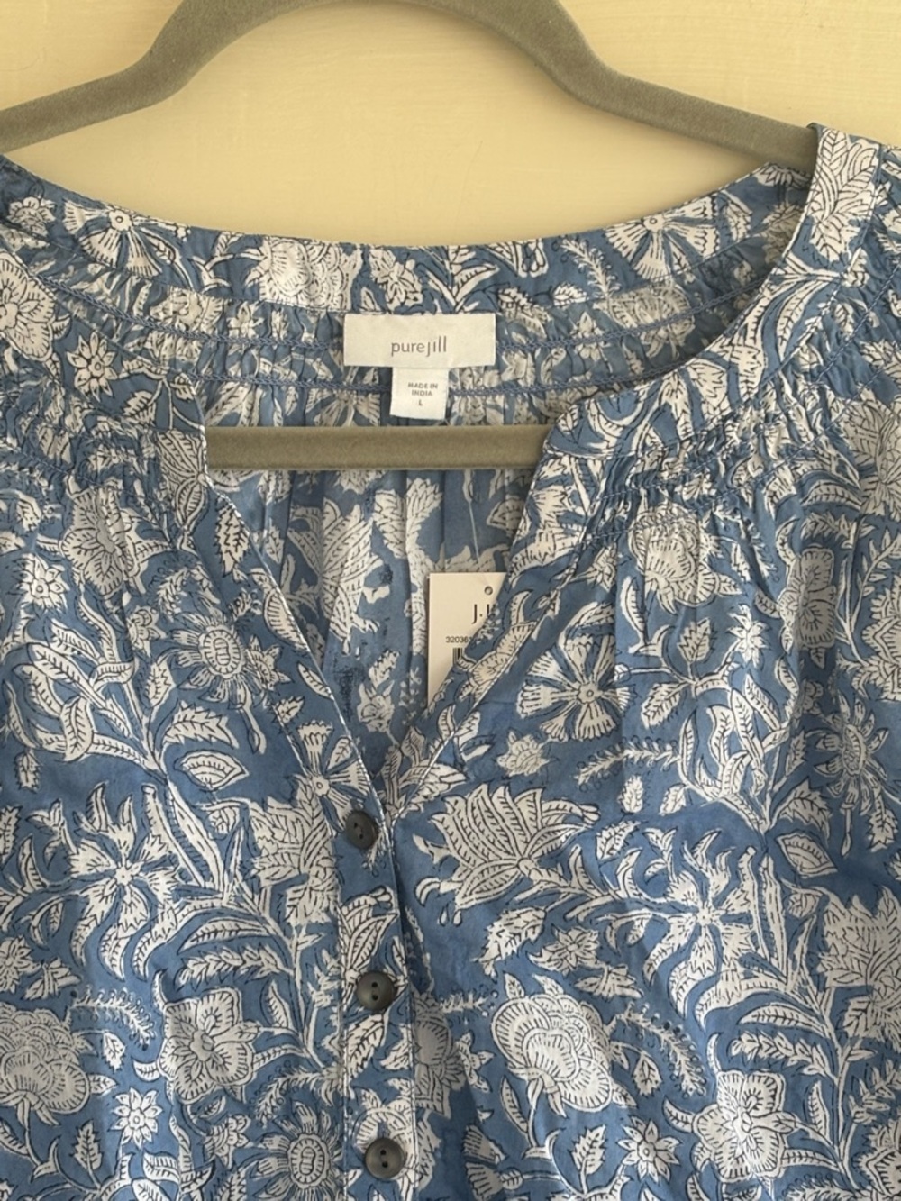 Pure Jill Hand Block Printed Foral 3/4 Sleeve Cotton Top Size Large NWT - Picture 5 of 14